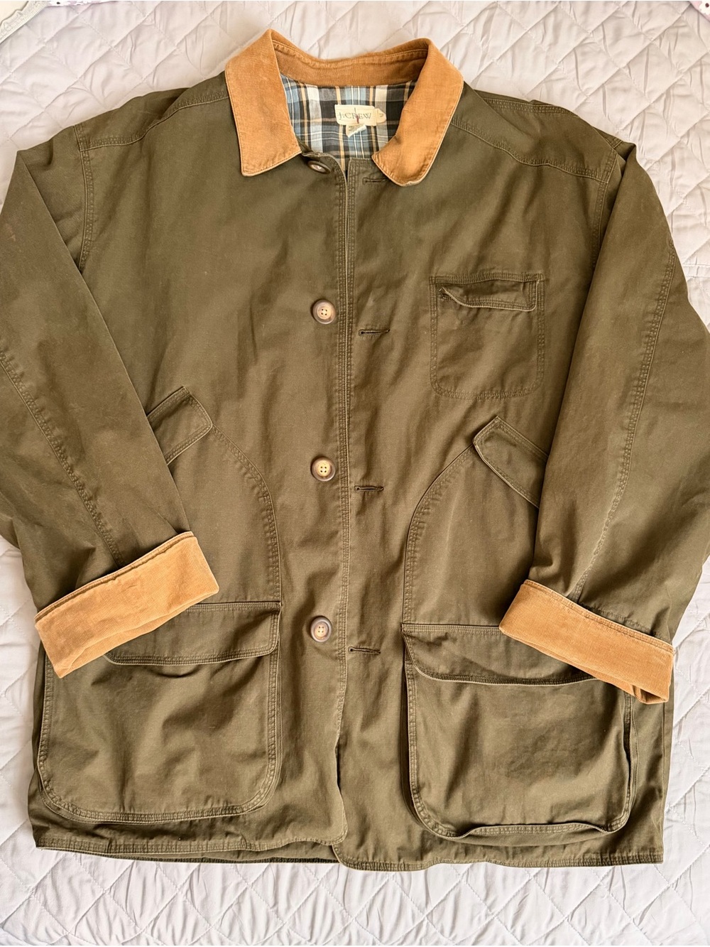 J. Crew Men's Olive Green Field Jacket with Tan Corduroy Collar